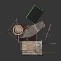 Vintage Water Tower With Metal Frame And Wooden Wheelbarrow Near Green Box